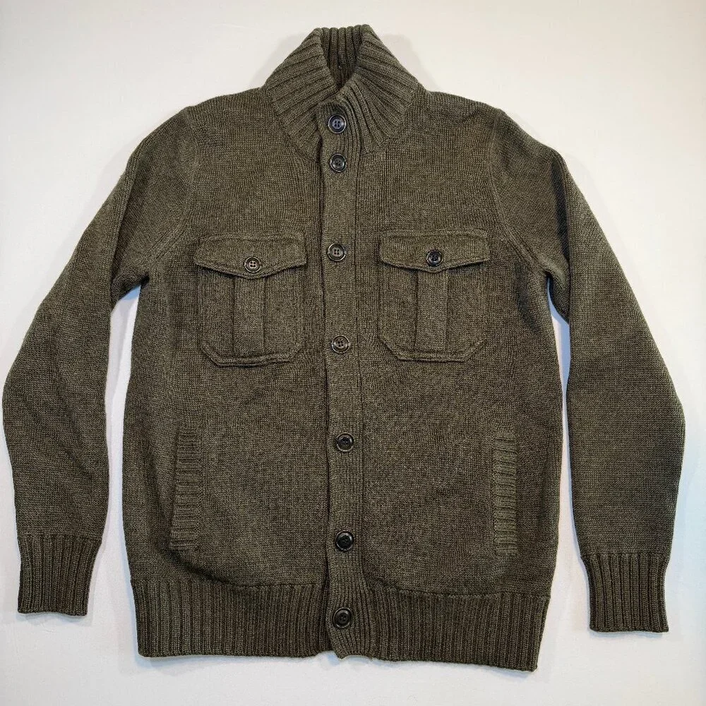 J CREW Wool Military Cardigan Sweater Army Green Small Vintage